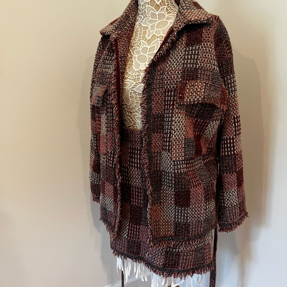 Zara Purple Pink Plaid Oversized Knit Fringe Overshirt Jacket and Skirt Set - Picture 5 of 11